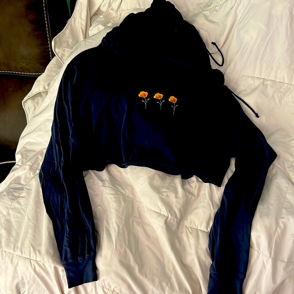 J Galt cropped hoodie.  Navy blue with yellow flowers.  One size